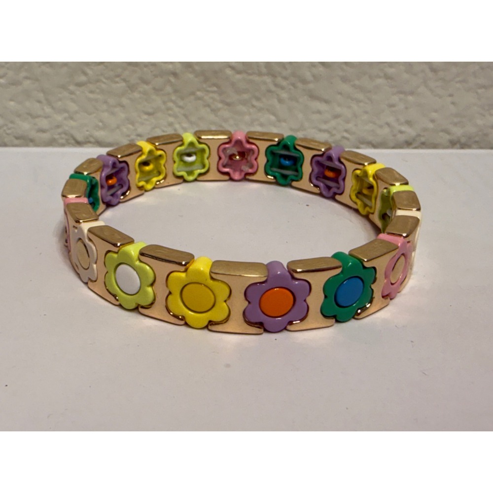 Multi‎ Color Enamel Flower Stretch Bracelet Gold Tone Daisy Floral Bangle 6.5in